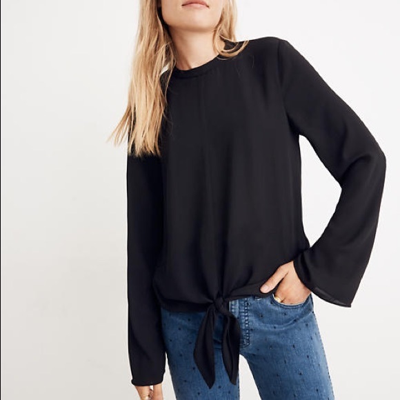 Madewell Tops - Madewell NWOT Bell Sleeve Tie Top Black Blouse XS
